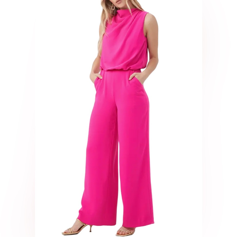 Trina Turk NWT Satin Cowl Neck Sleeveless Bleecker Jumpsuit in Petal Pink